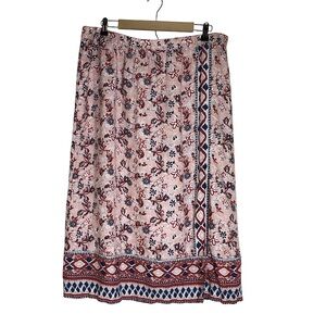 Cold Water 💯 % Linen Boho Pink and Blue Floral Print Elastic Waist Skirt XL P